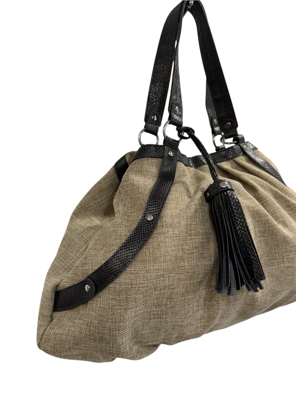 Usher Soft Burlap Textured Vegan Leather Straps Accents Hobo Bag Purse - Picture 7 of 13